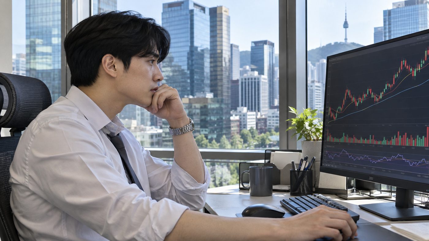 증권 차트를 보며 IPO 소식을 확인하는 한국 직장인의 사무실 모습