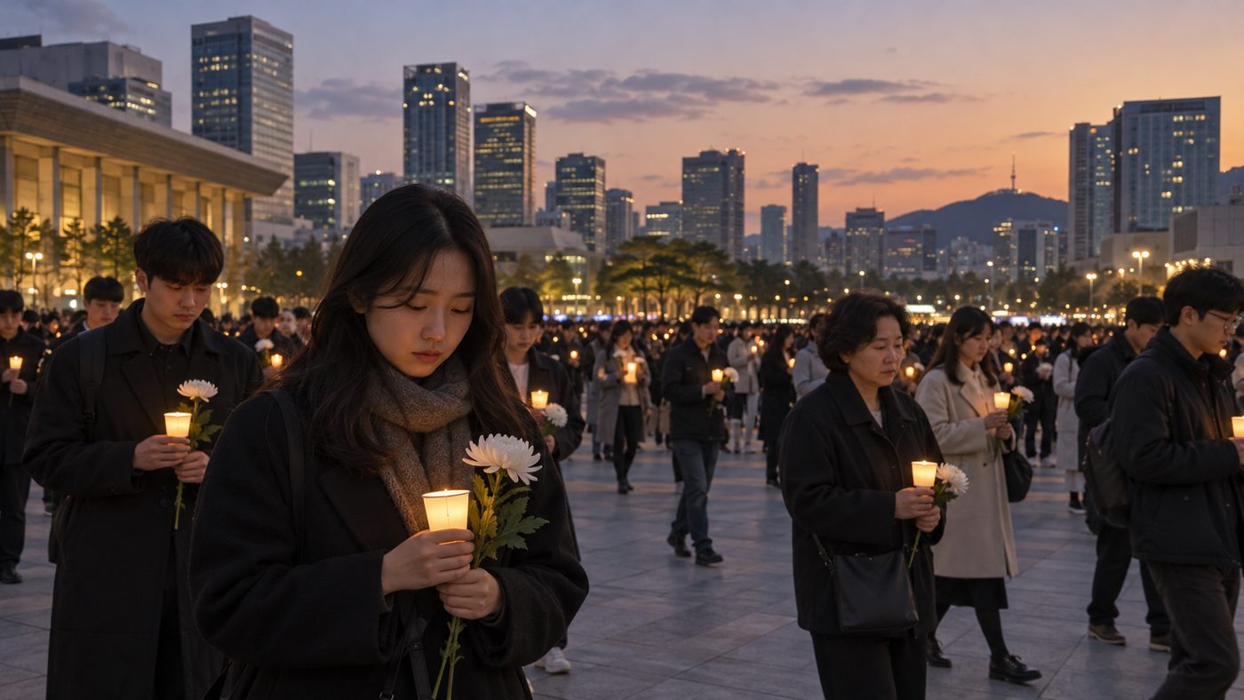 서울 도심 광장에서 시민들이 촛불과 흰 꽃을 들고 추모하는 저녁 풍경