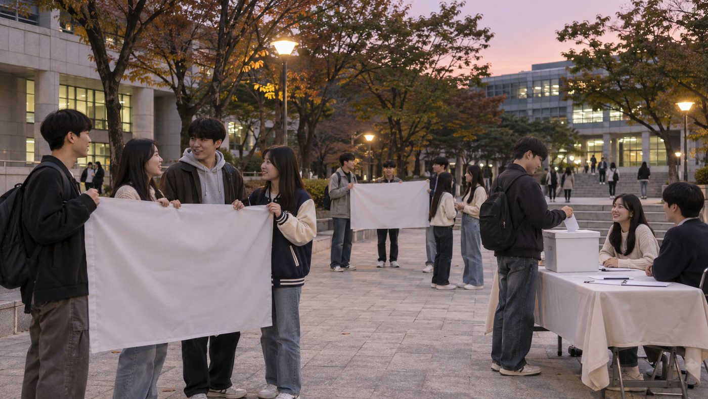 저녁 대학 캠퍼스 광장에 모인 학생들과 투표함이 놓인 선거 분위기