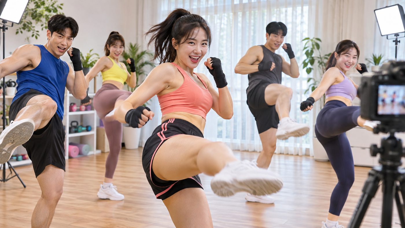 조혜련 다이어트 영상처럼 태보 동작을 하는 운동 촬영 현장