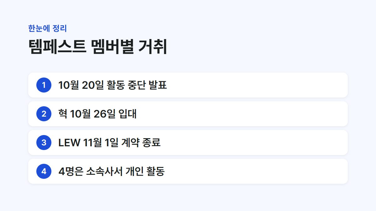템페스트 활동 중단 발표와 멤버별 거취를 정리한 요약 카드