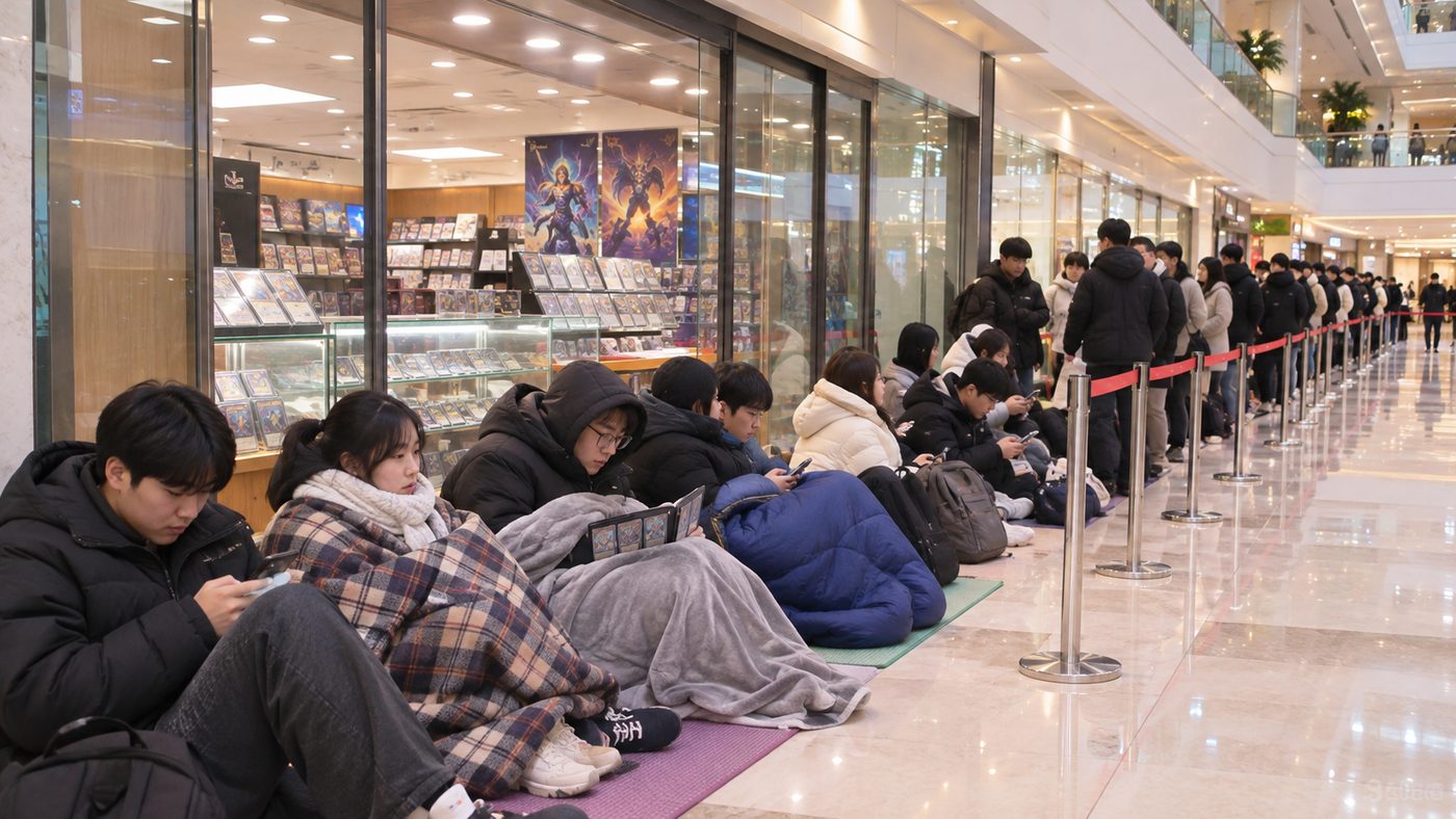 카드 매장 개점을 기다리며 줄을 선 사람들의 모습