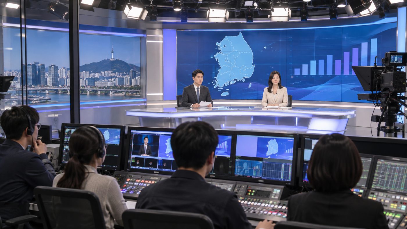 미국 중간선거 일정을 전하는 한국 방송 뉴스 스튜디오 풍경