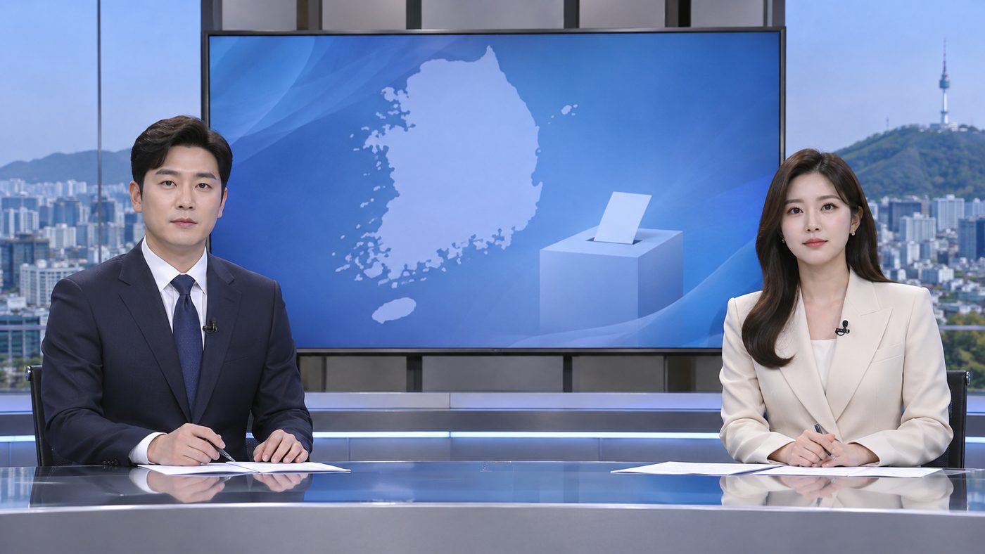 미국 중간선거 일정을 전하는 방송 뉴스 스튜디오 장면