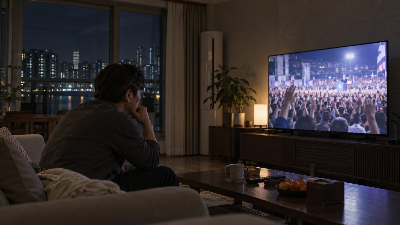 오바마 트럼프 무능 충돌 소식을 거실 TV 뉴스로 지켜보는 모습