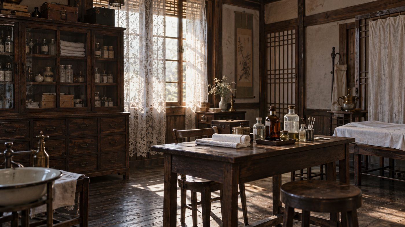 붕대와 약병이 놓인 1930년대 분위기의 진료실 드라마 세트