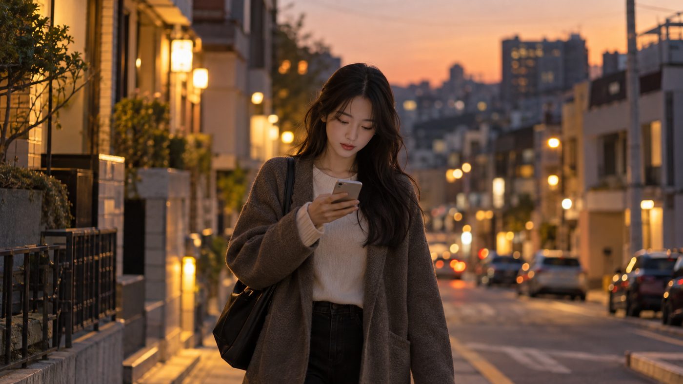 저녁 거리에서 스마트폰을 보며 걷는 여성, 32기 영숙 결별 소식을 떠올리게 하는 장면